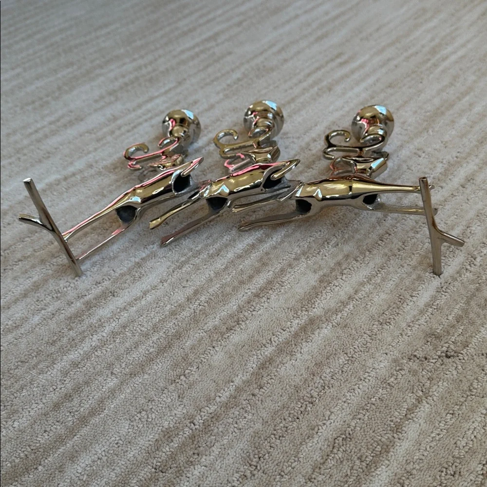 Like New: Christmas Chrome Silver Reindeer Candle Holder Trio Mantle Centerpiece